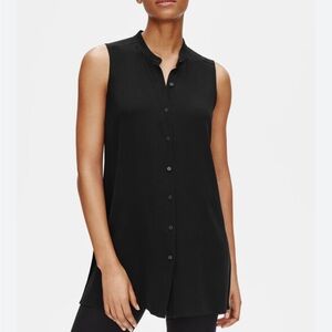 Eileen Fisher System Silk Georgette Crepe Mandarin Collar Shirt, black, size S